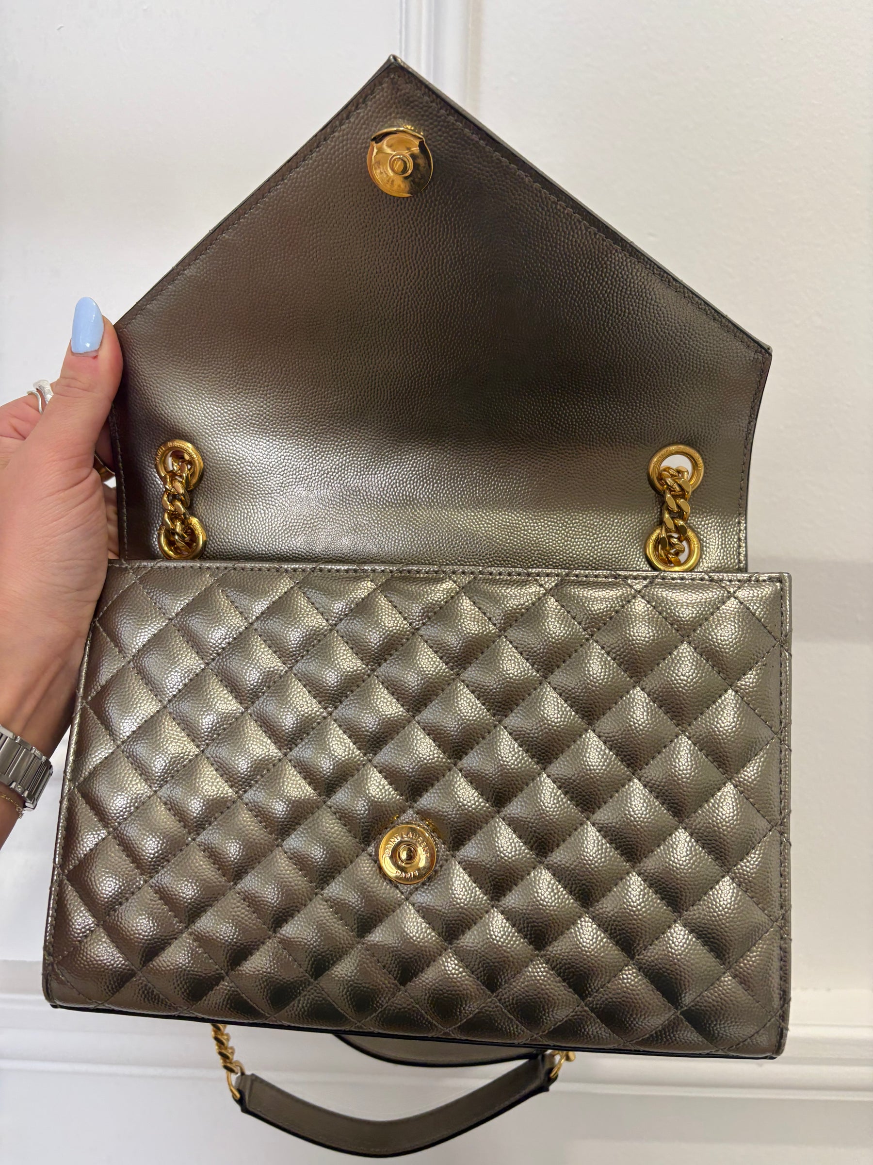 Saint Laurent Pewter Grained Leather Tri-QuiltEnvelope Bag