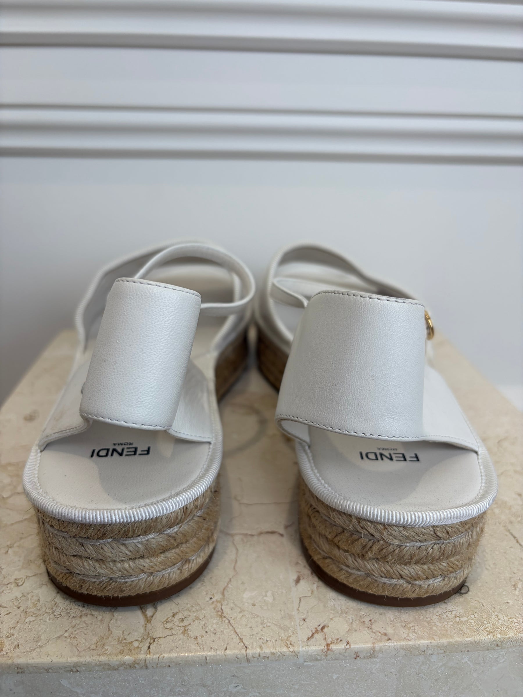 Fendi White Leather Logo Embossed Espadrille Sandal, 42
