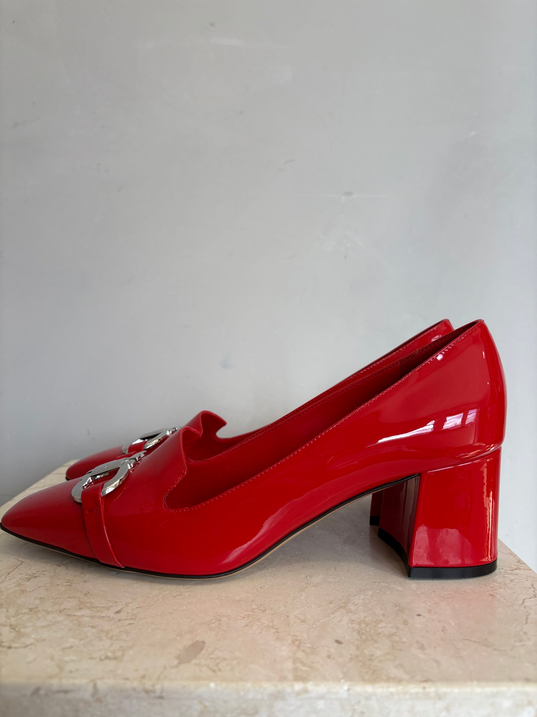 Ferragamo Flame Red Patent Block Heel Silver Hardware, 7.5D
