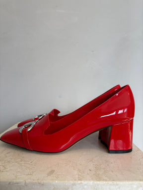 Ferragamo Flame Red Patent Block Heel Silver Hardware, 7.5D