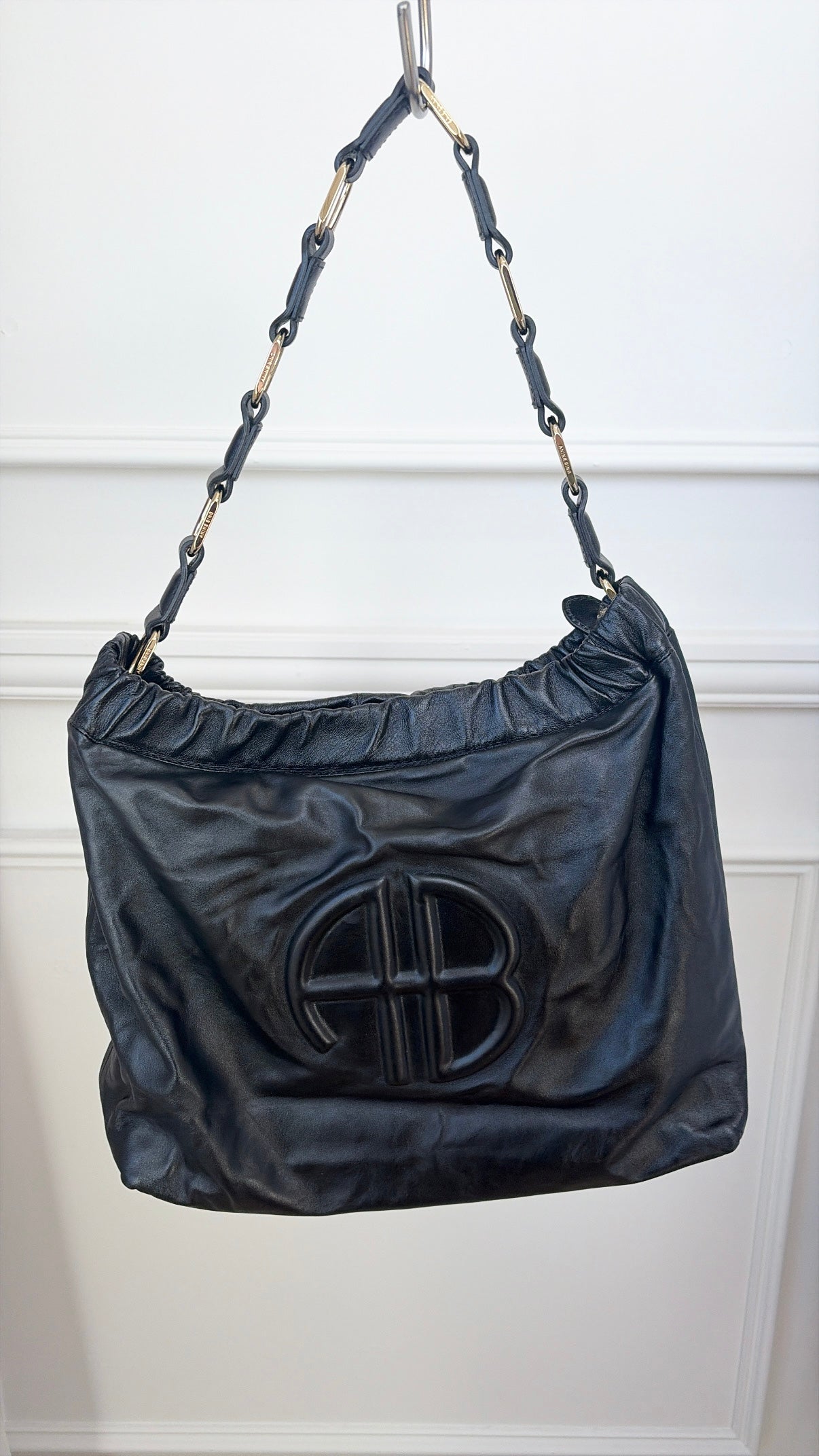 Anine Bing Black Leather Logo Shoulder Bag