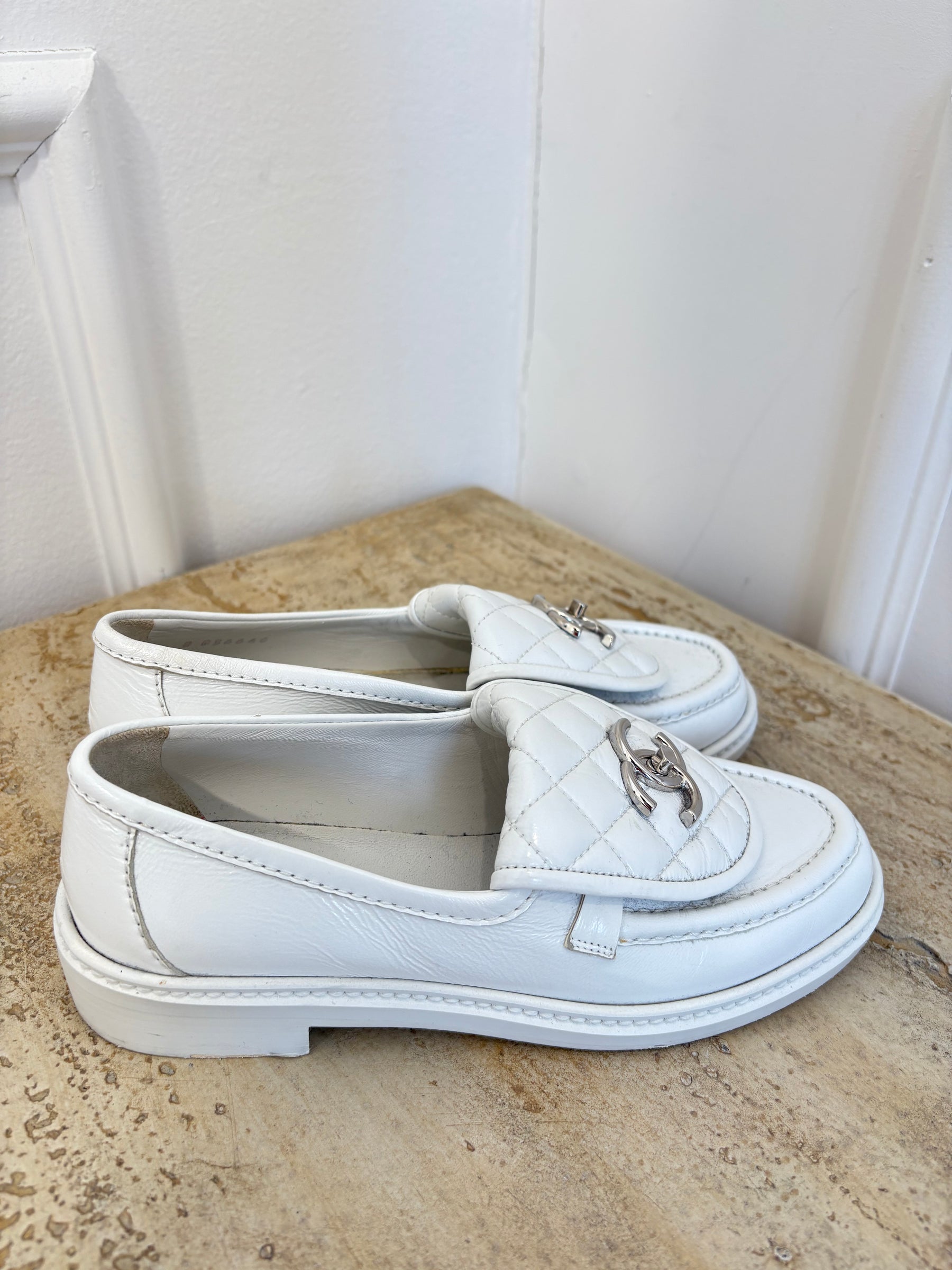 Chanel White Patent Leather Turn Lock Loafer, 35C