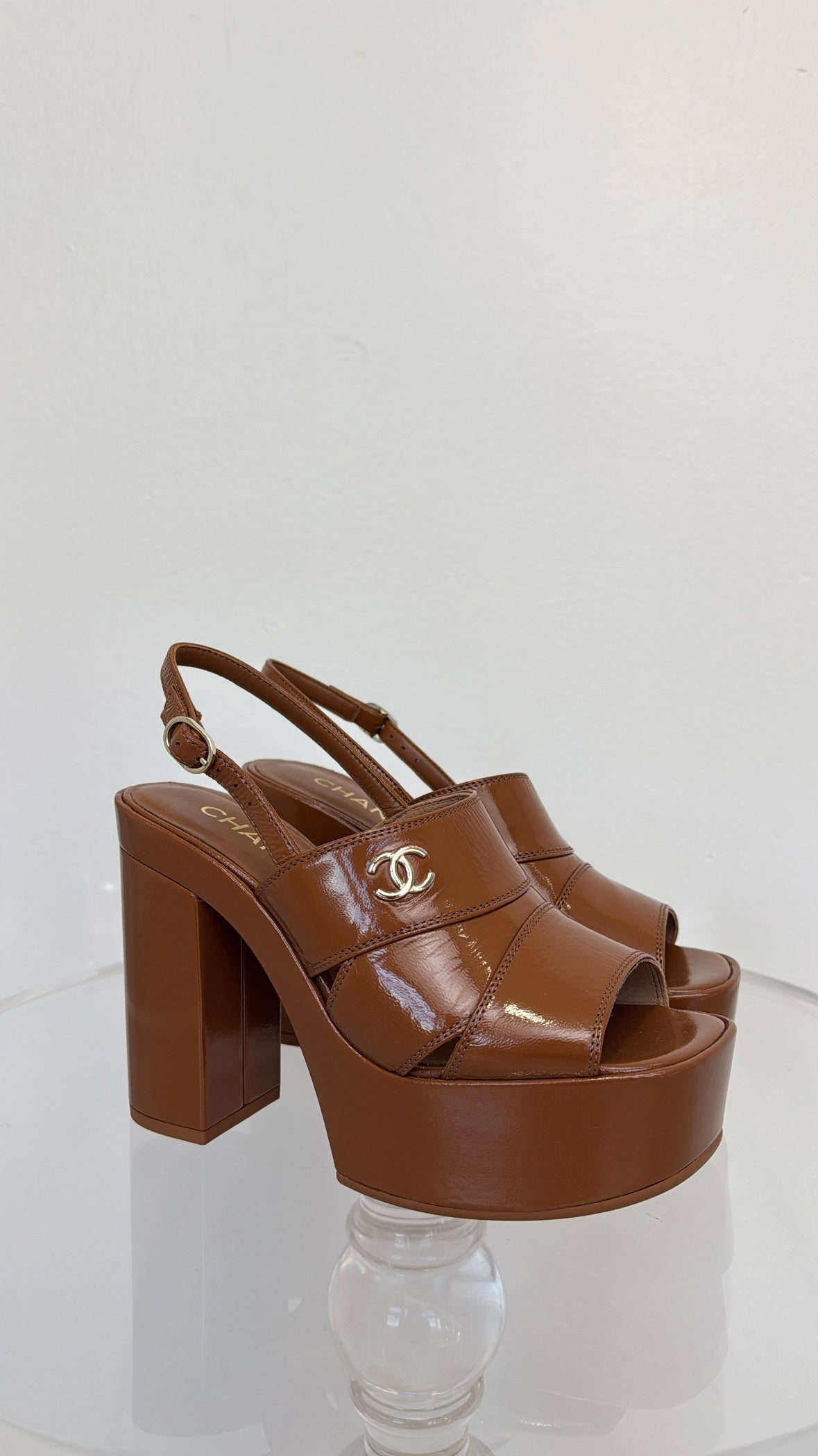 Chanel Tan Patent Leather Platform Peep Toe Pumps, 37C