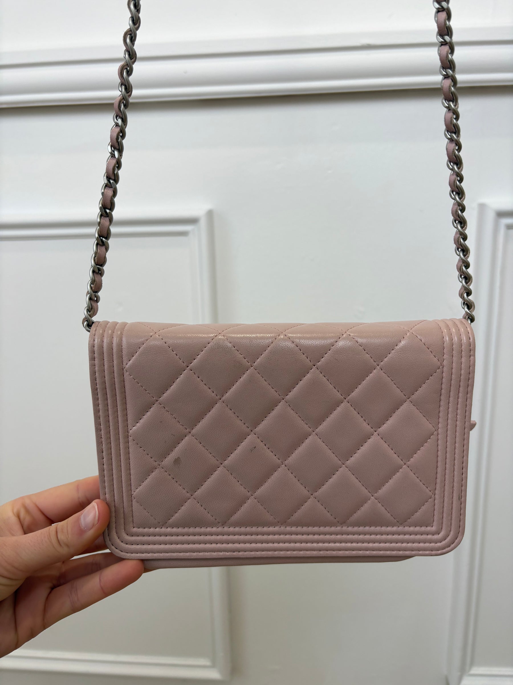 Chanel Baby Pink Iridescent Leather Boy Wallet On Chain