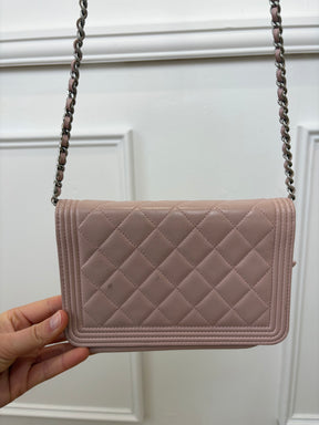 Chanel Baby Pink Iridescent Leather Boy Wallet On Chain