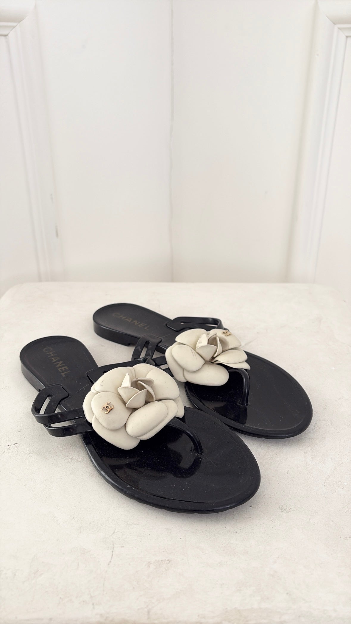 Chanel Black Rubber White Camellia Thongs, 37