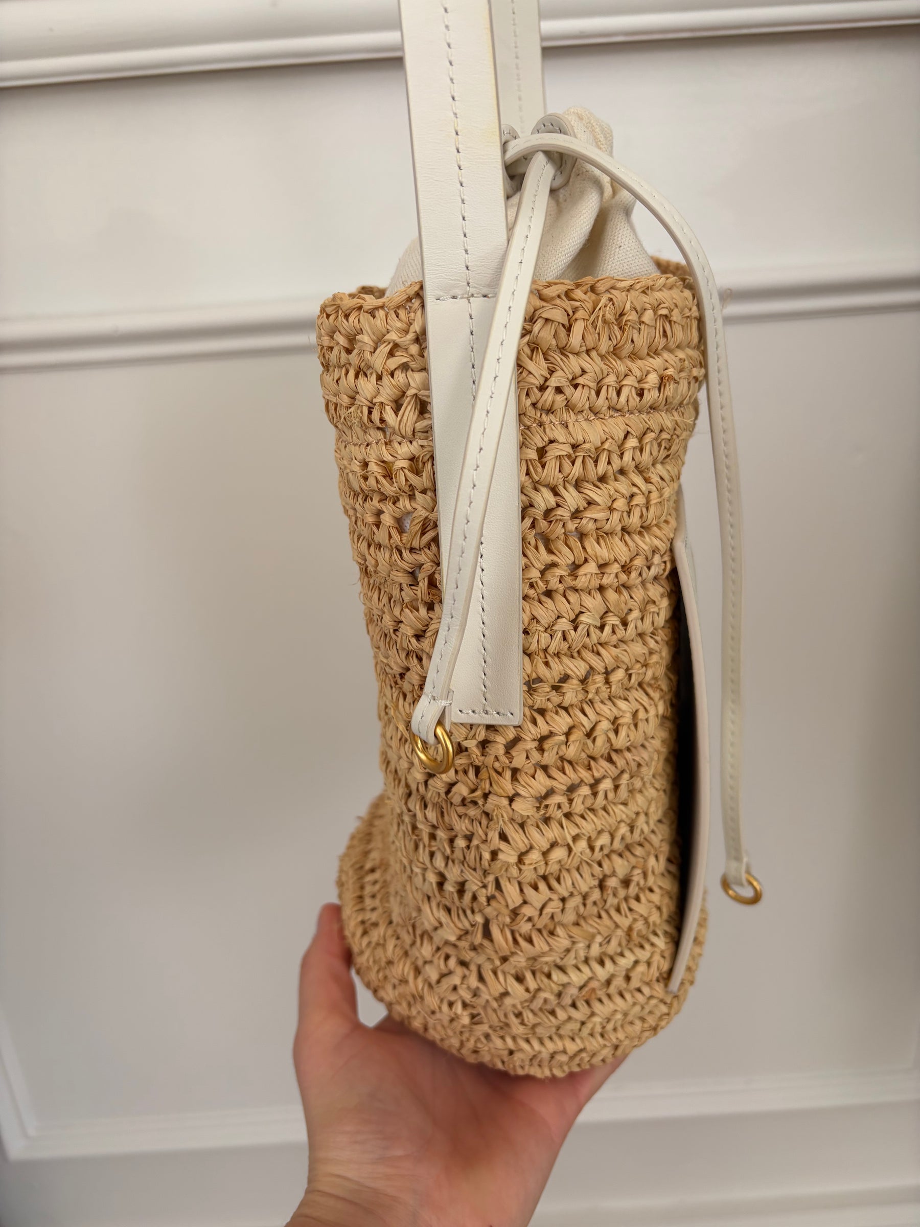 Oroton Raffia and Cream Leather Bucket Bag