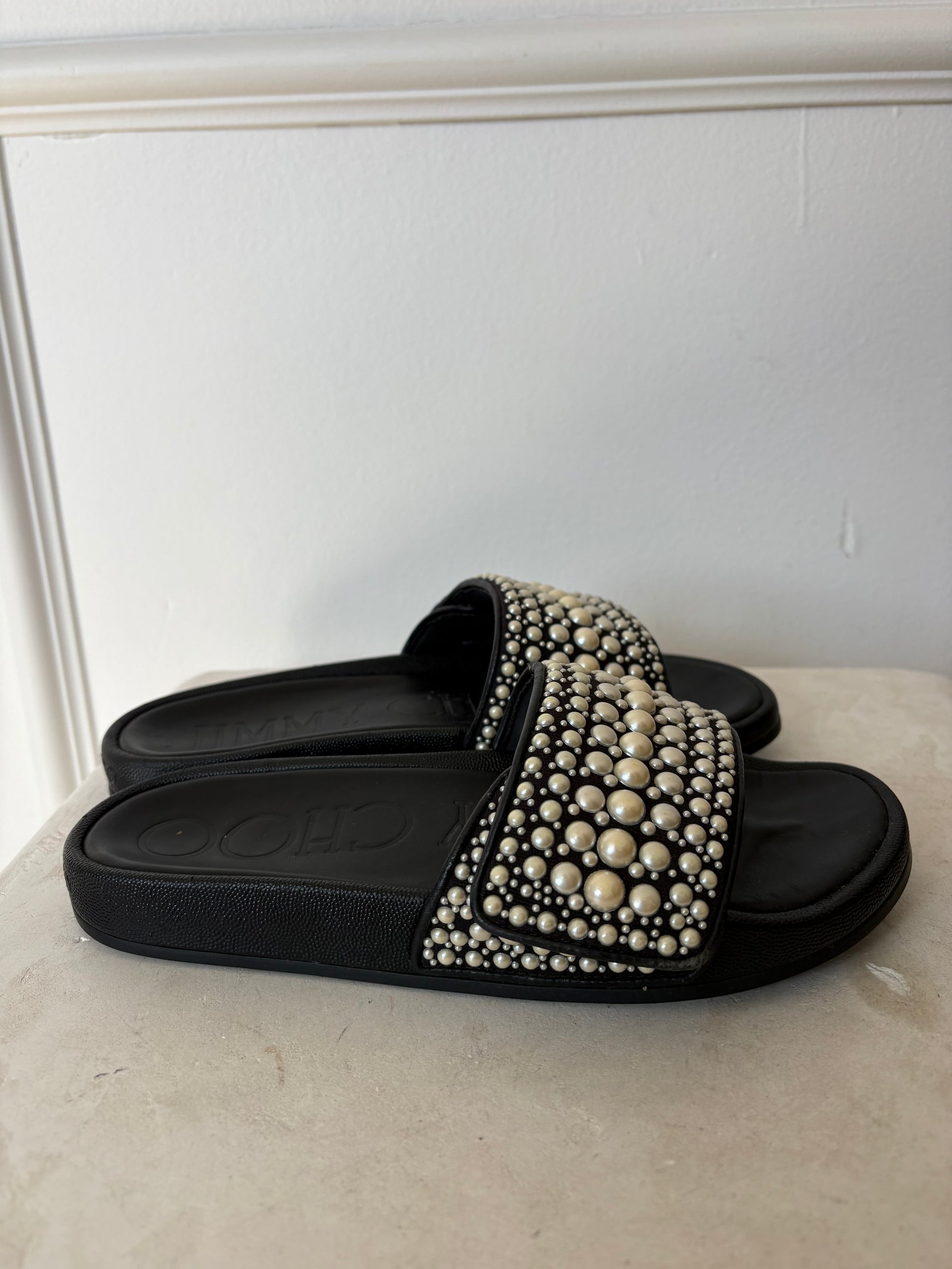 Jimmy Choo Pearl Embellished Rubber Slides, 38