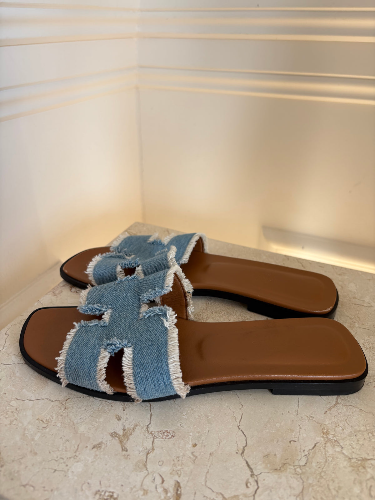 Hermès Blue Frayed Denim Oran Sandals, 38