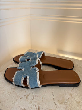 Hermès Blue Frayed Denim Oran Sandals, 38