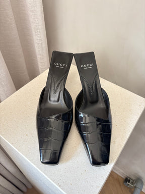 Gucci Black Croc Embossed Mules, 38