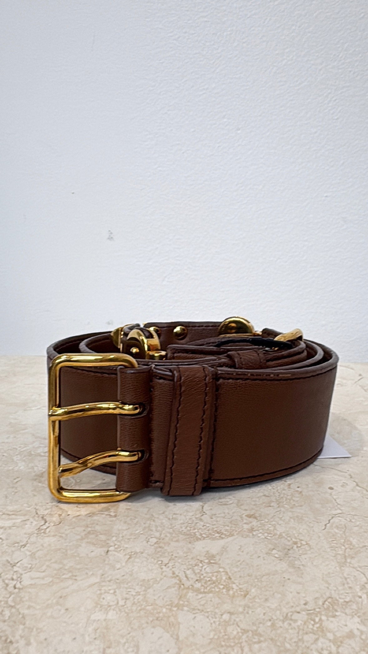 Miu Miu Brown Leather Wide Belt Gold Tone Hardware, 90/36