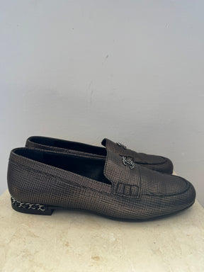 Chanel Dark Bronze Textured Logo Loafer, 39 C