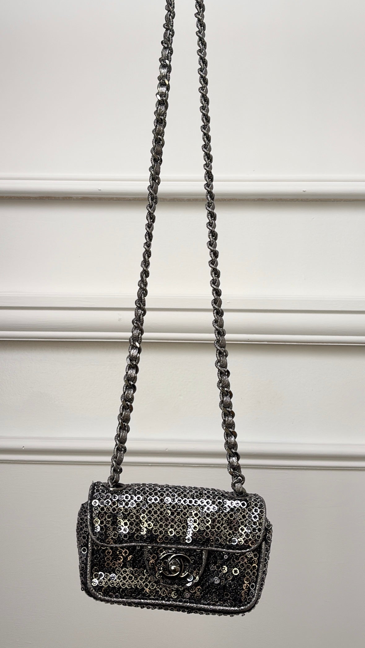 Chanel Pewter and Silver Hidden Sequin Micro Flap bag