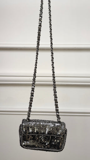 Chanel Pewter and Silver Hidden Sequin Micro Flap bag