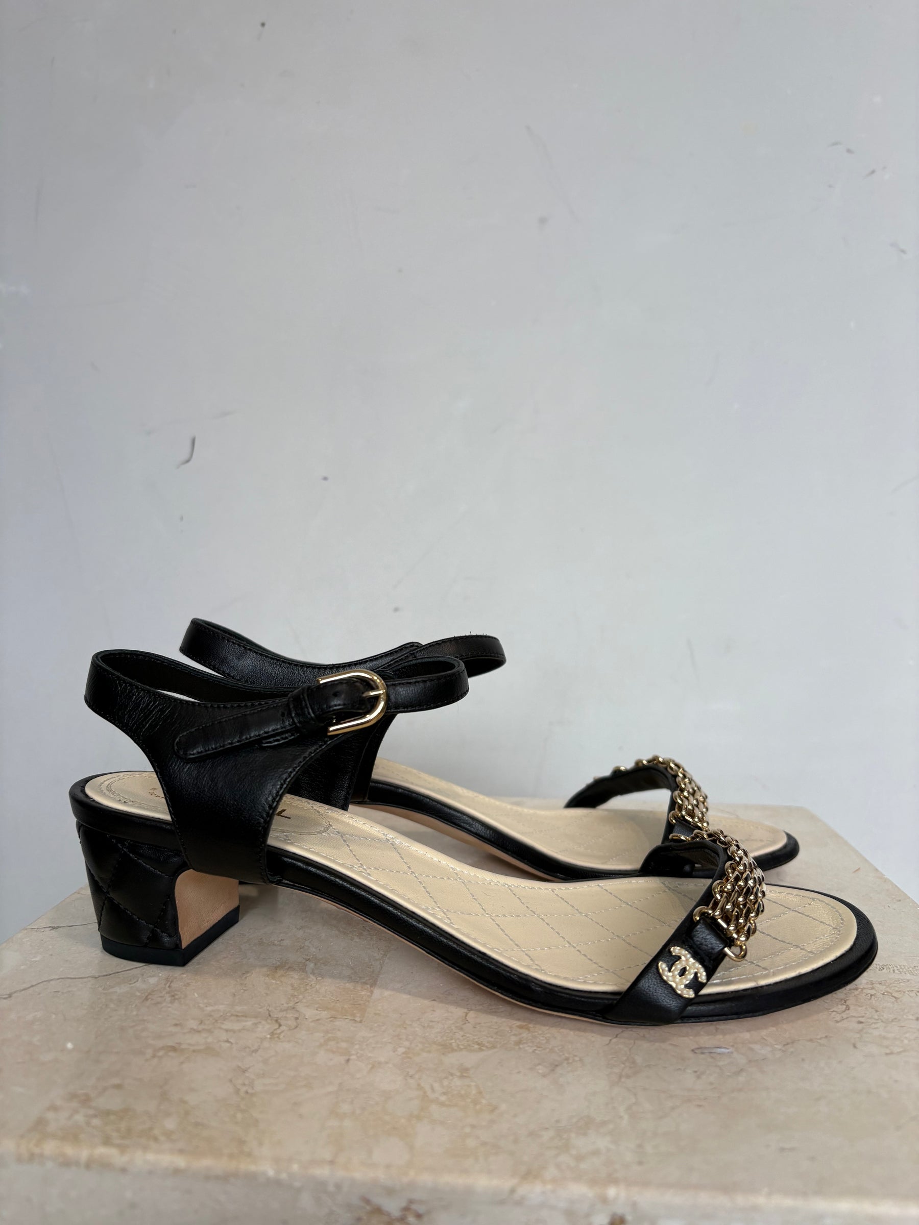 Chanel Black Leather Gold Chain Heeled Sandals, 38