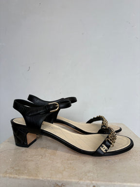 Chanel Black Leather Gold Chain Heeled Sandals, 38
