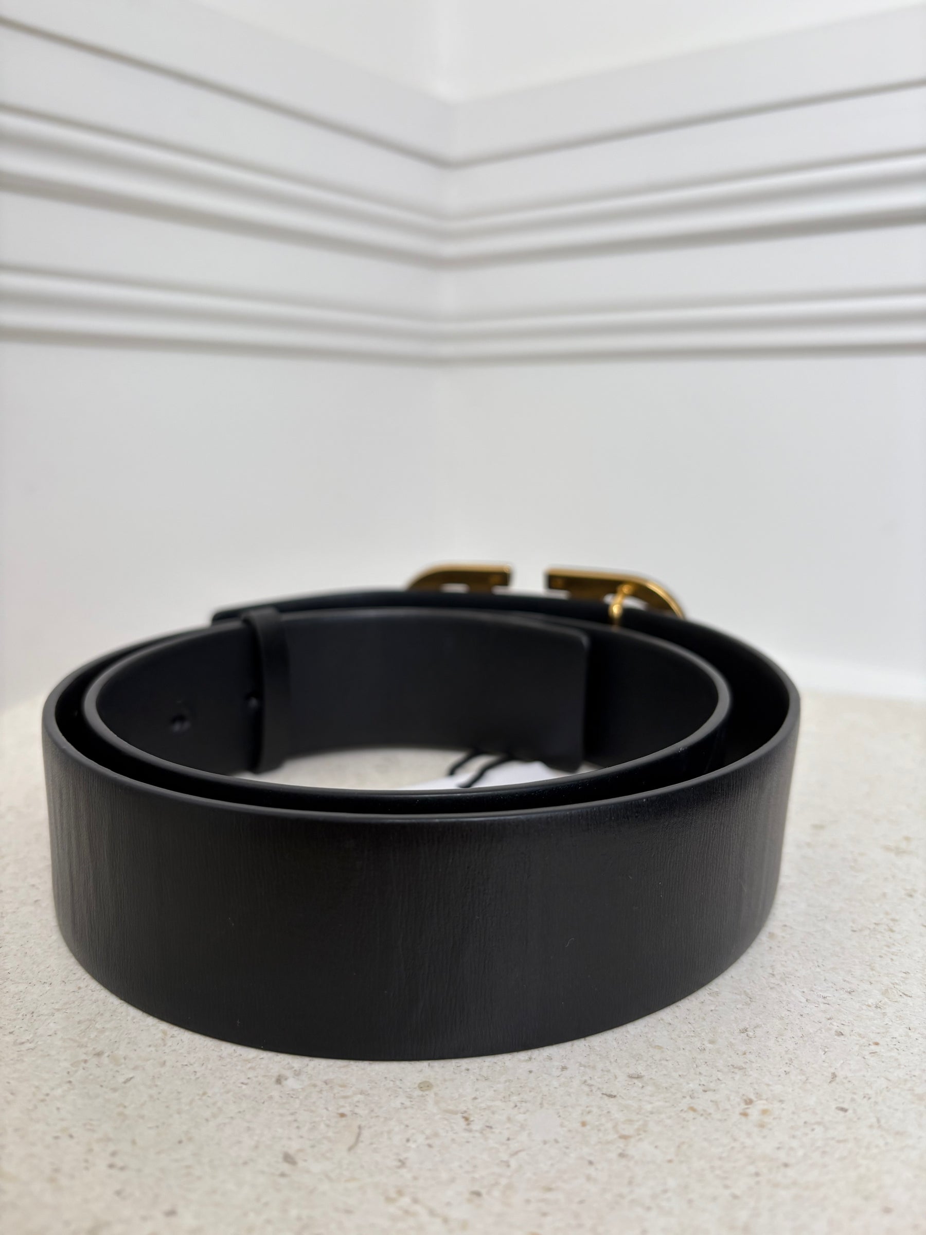 Valentino Garavani Black on Black Leather Logo Belt, 80