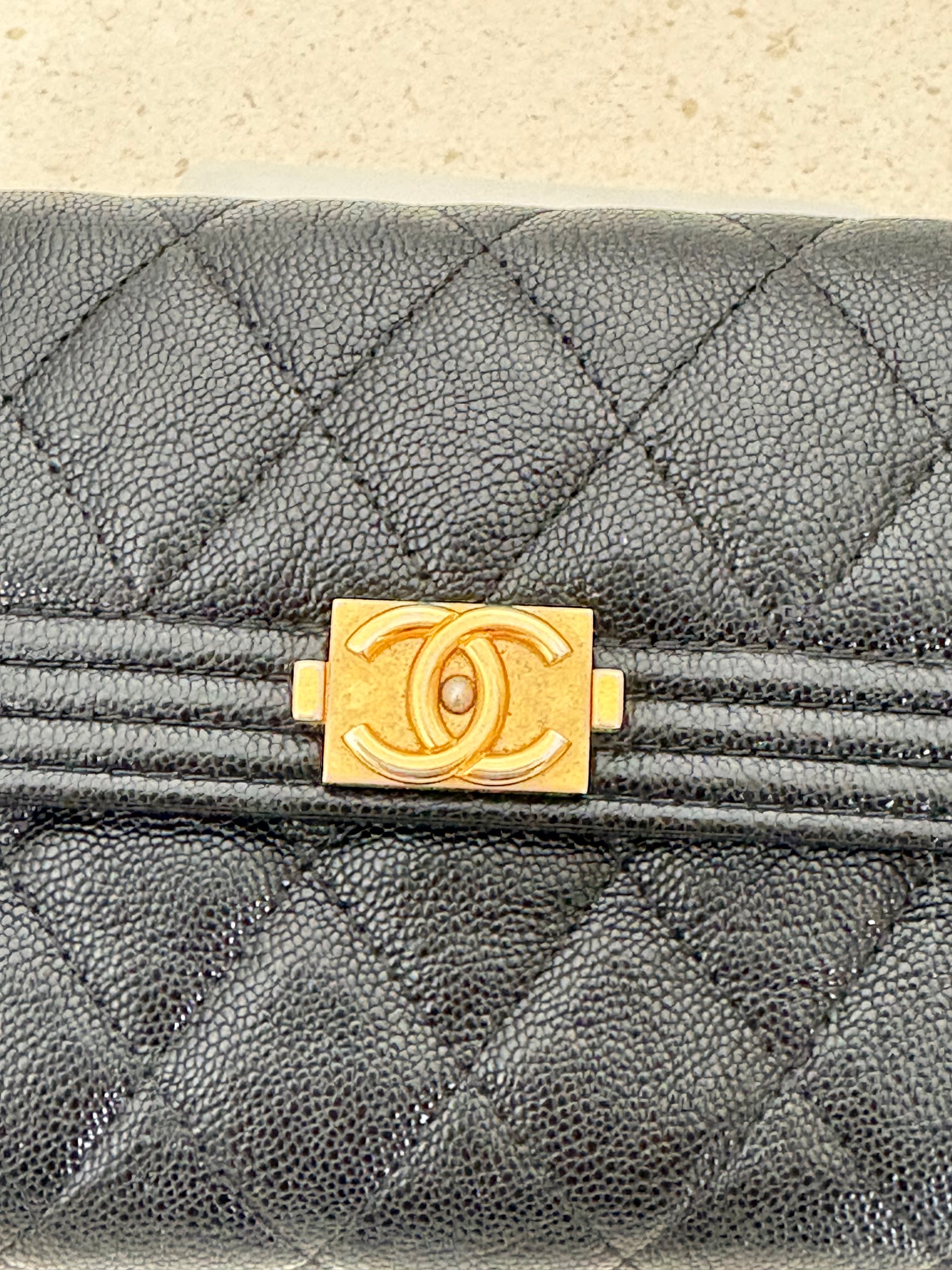 Chanel Black Caviar Leather Trifold Boy Wallet