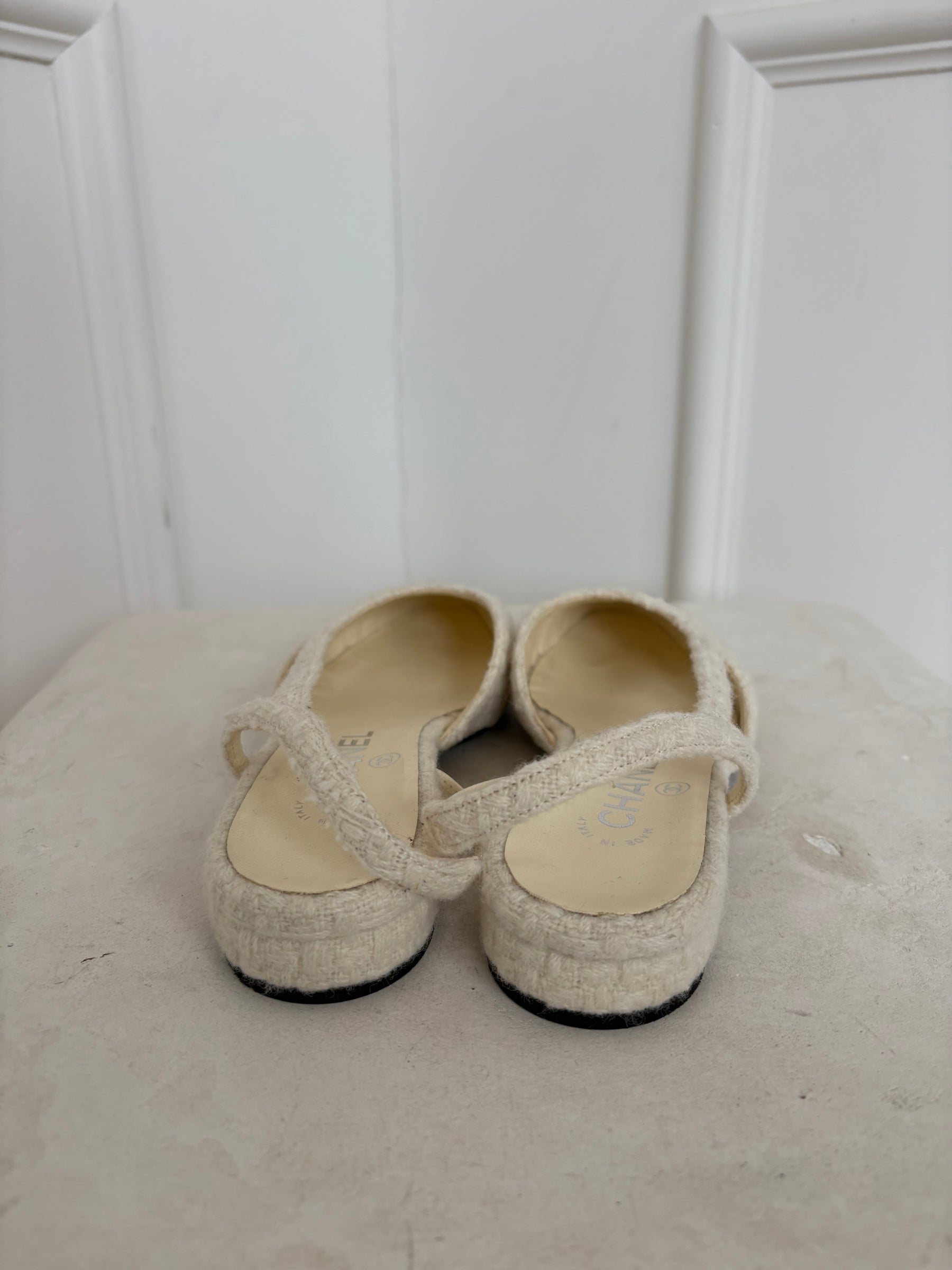 Chanel Cream Tweed and Black Slingback Flats, 36C