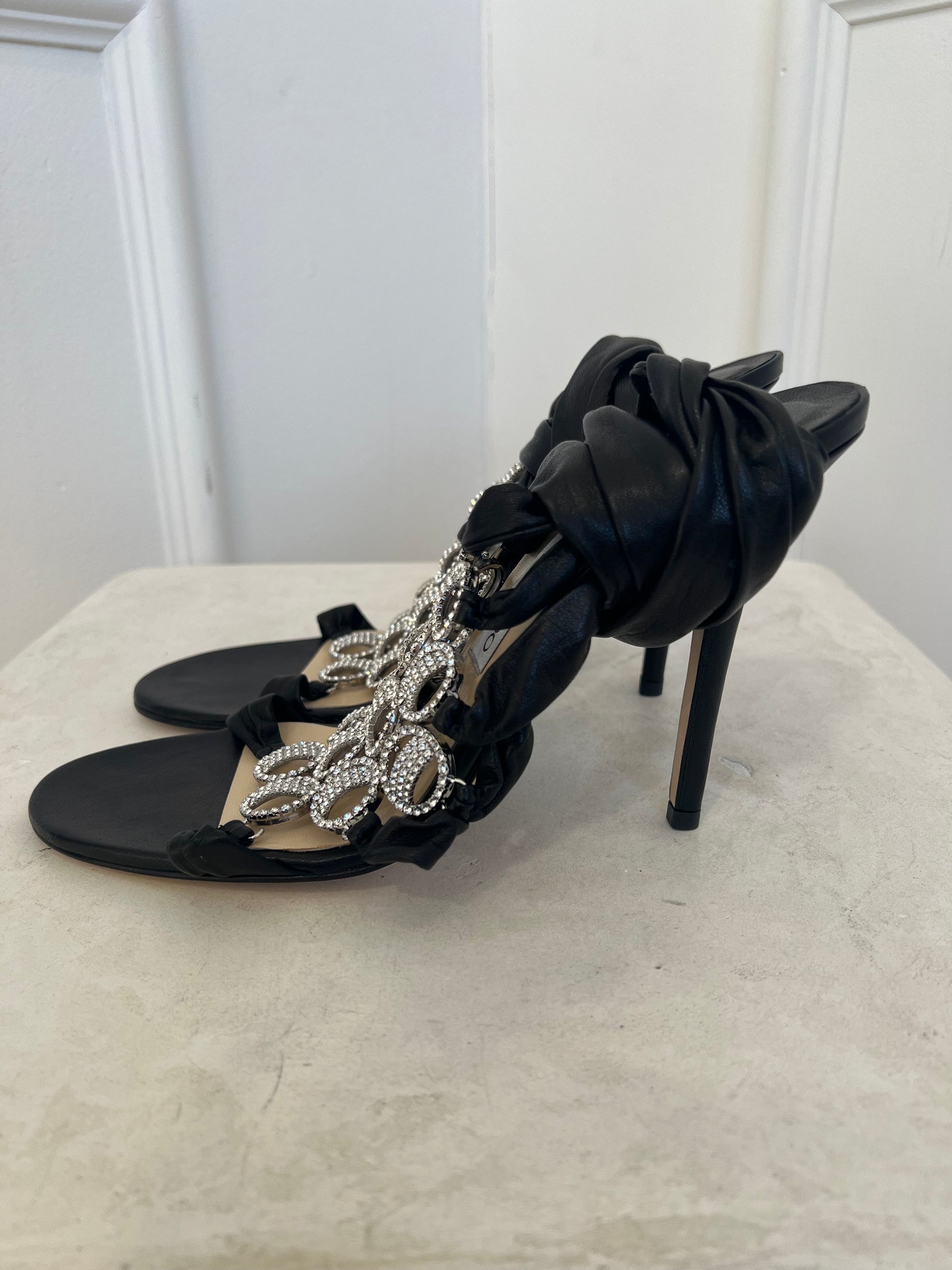 Jimmy Choo Black leather Crystal Embellished Ankle Tie Heels, 41