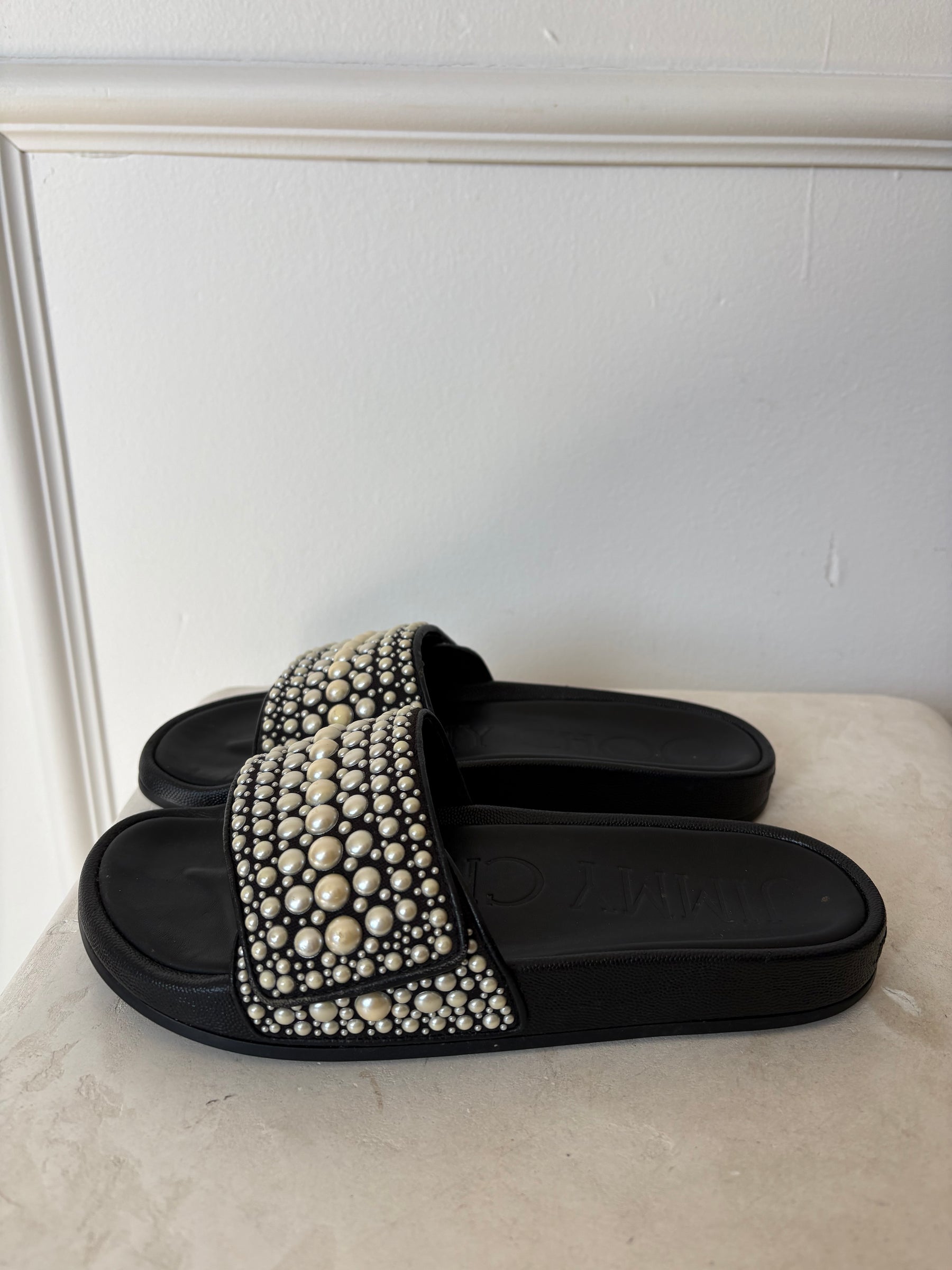 Jimmy Choo Pearl Embellished Rubber Slides, 38
