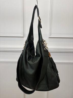Gucci Emerald Green Metallic Leather Indy Jackie Hobo Bag