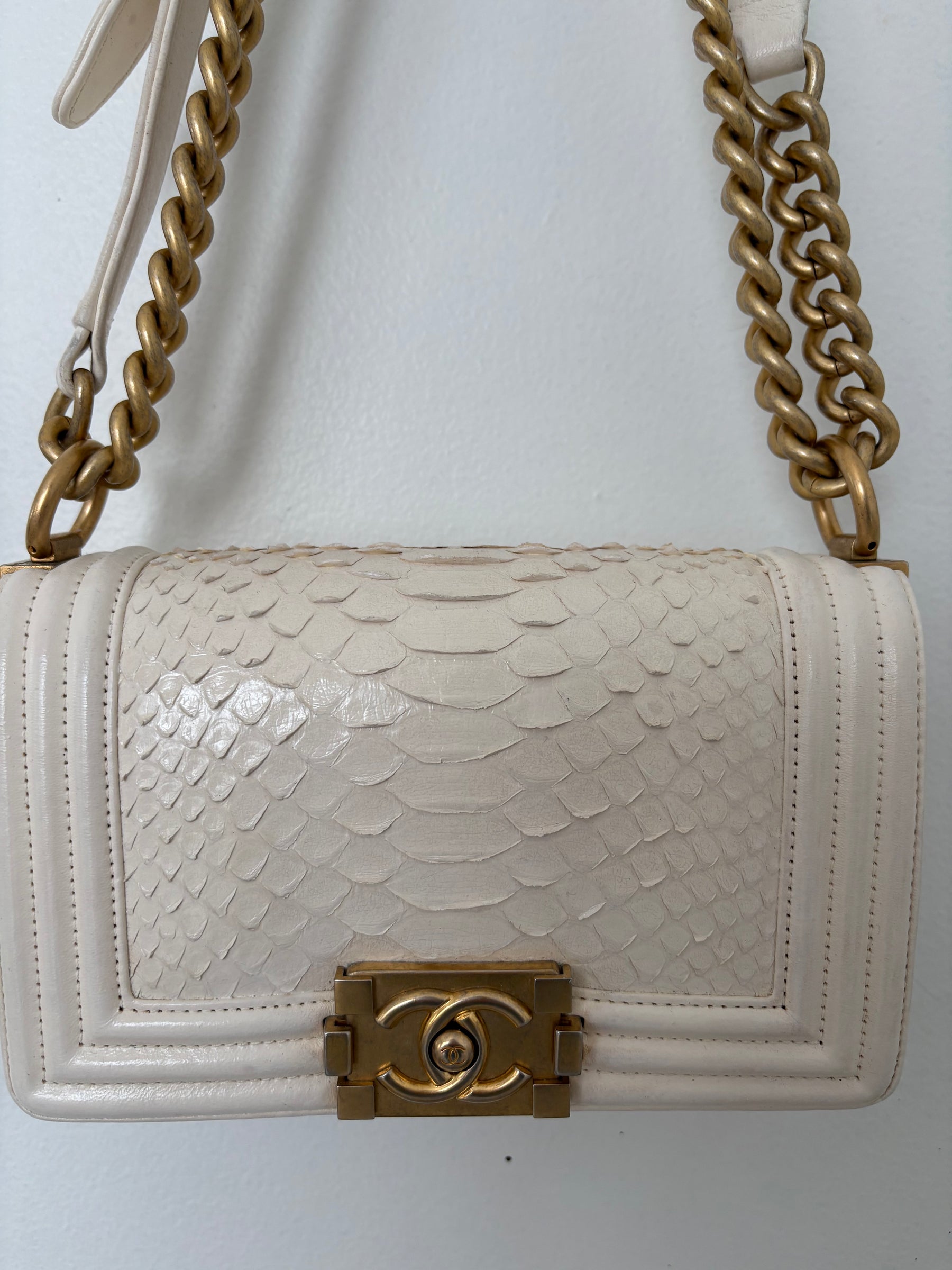 Chanel White Python Leather Small Boy Bag