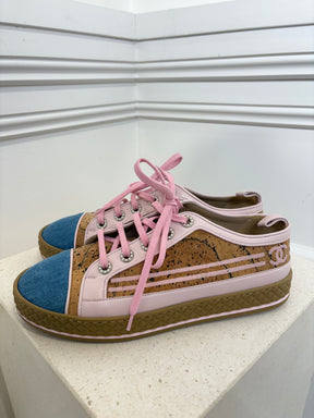 Chanel Cork Denim And Pink Leather Lace Up Flats, 39.5