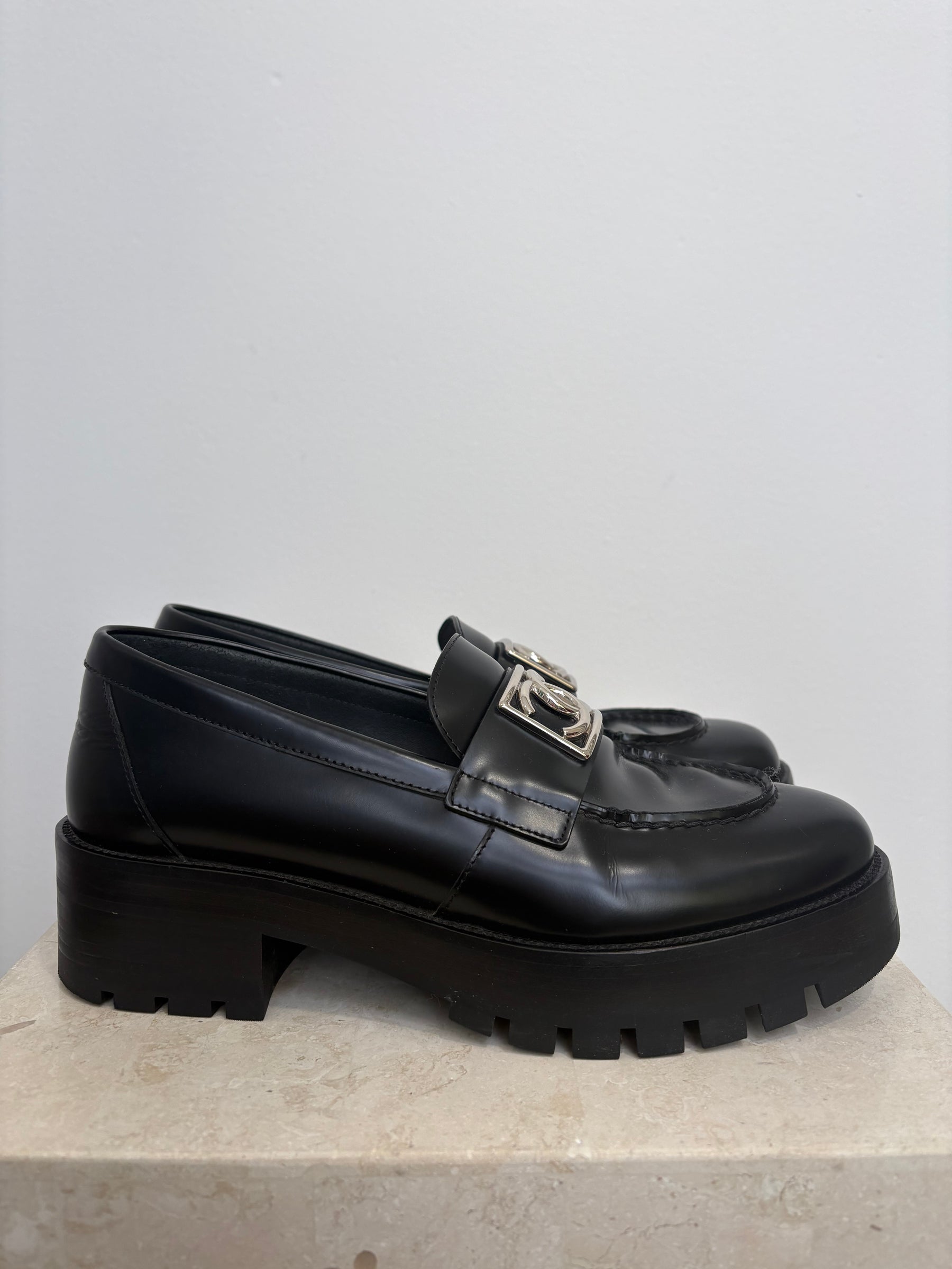 Chanel Black Leathert Platform Logo Loafer, 38.5C