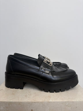 Chanel Black Leathert Platform Logo Loafer, 38.5C