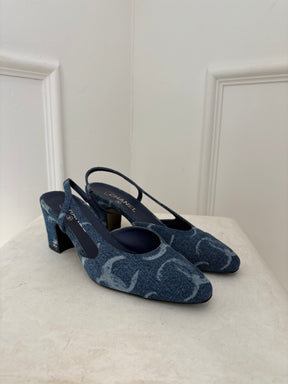 Chanel Blue Denim Logo Slingbacks, 40.5 C