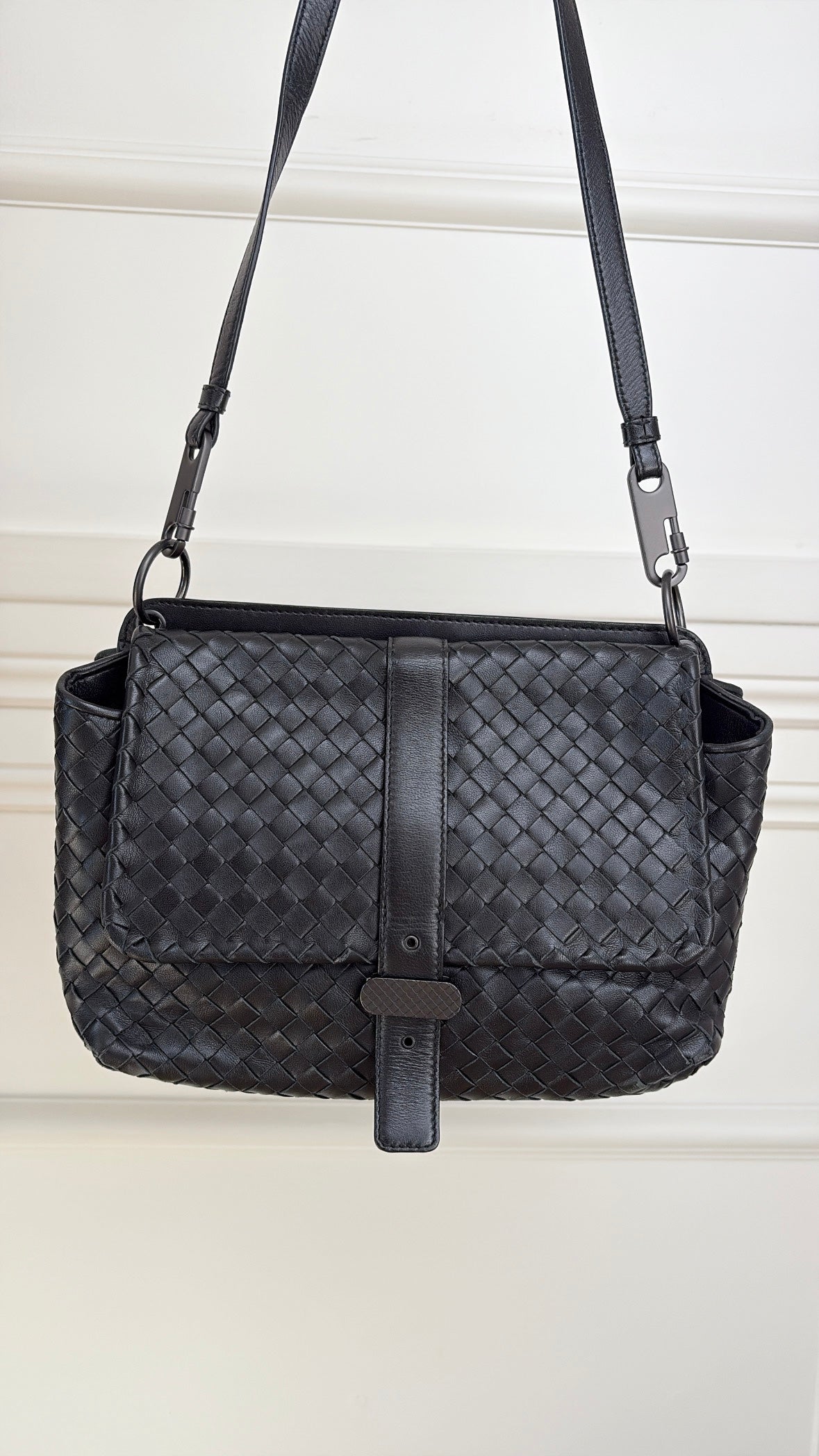 Bottega Veneta Black Intrecciato Leather Double Flap Bag