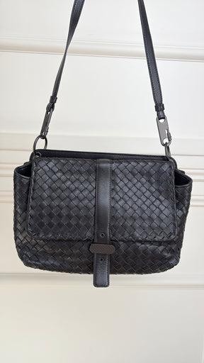 Bottega Veneta Black Intrecciato Leather Double Flap Bag