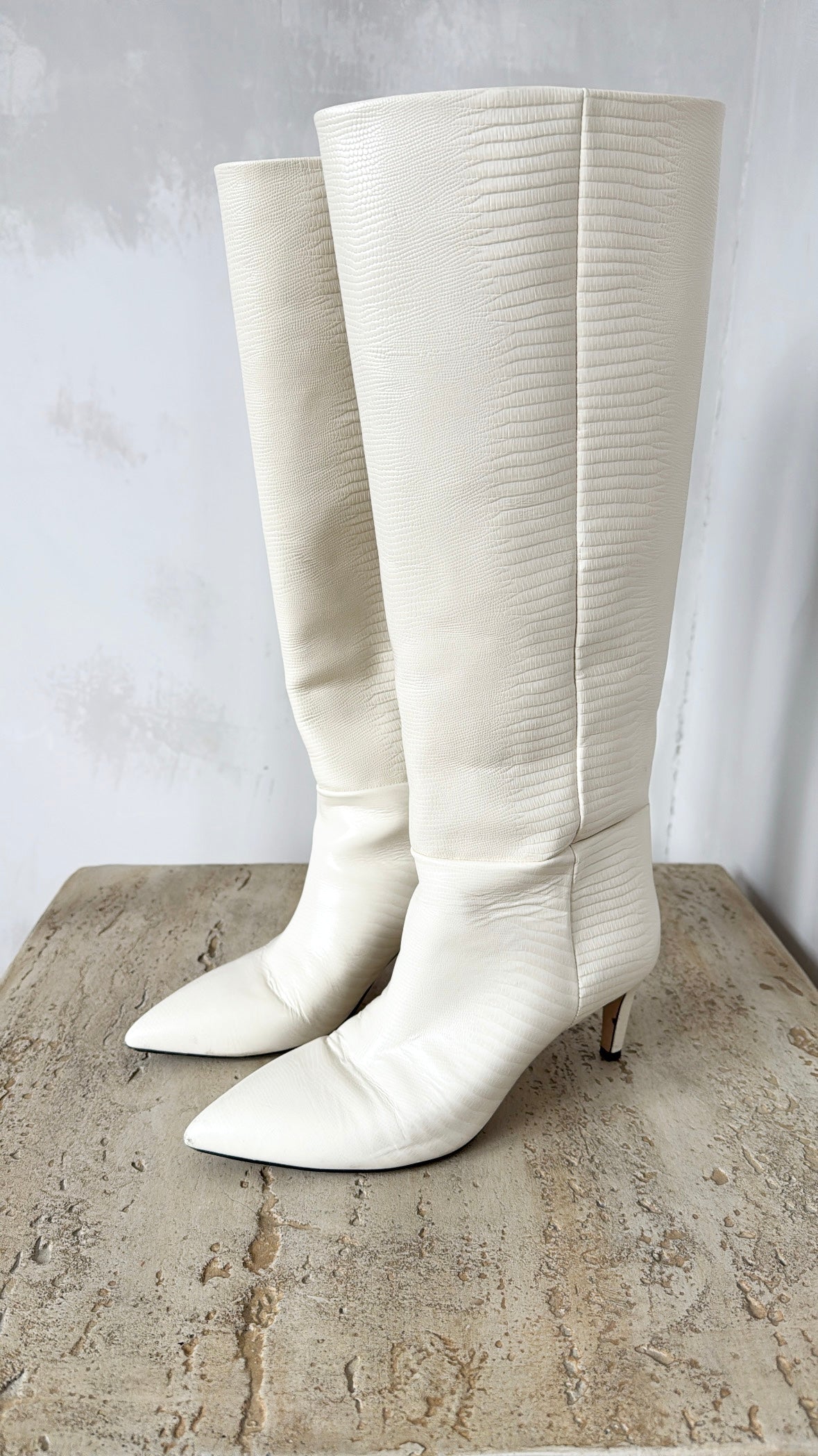 Paris Texas Cream Lizard Embossed Leather Heeled Boots, 37
