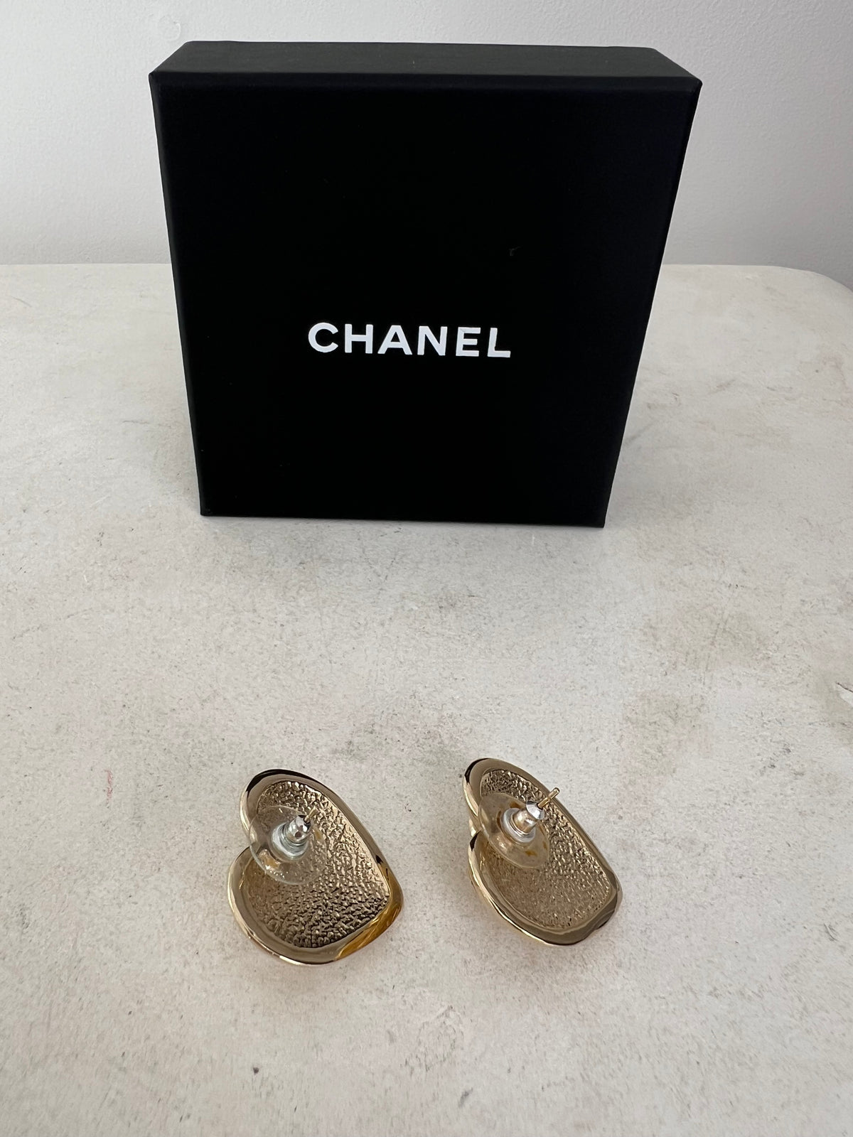 Chanel Gold Heart CC Metal Stud Earings