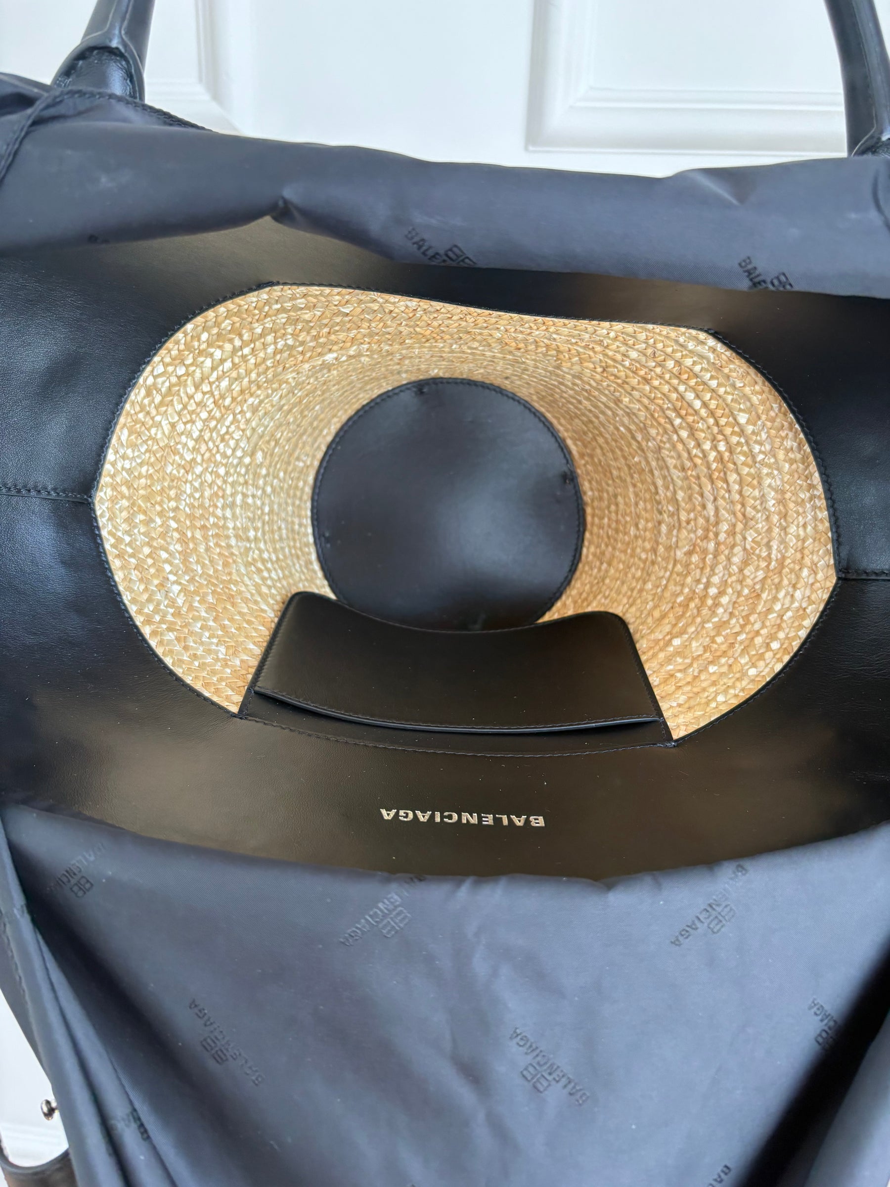 Balenciaga Raffia and Black Leather Mini Beach Tote