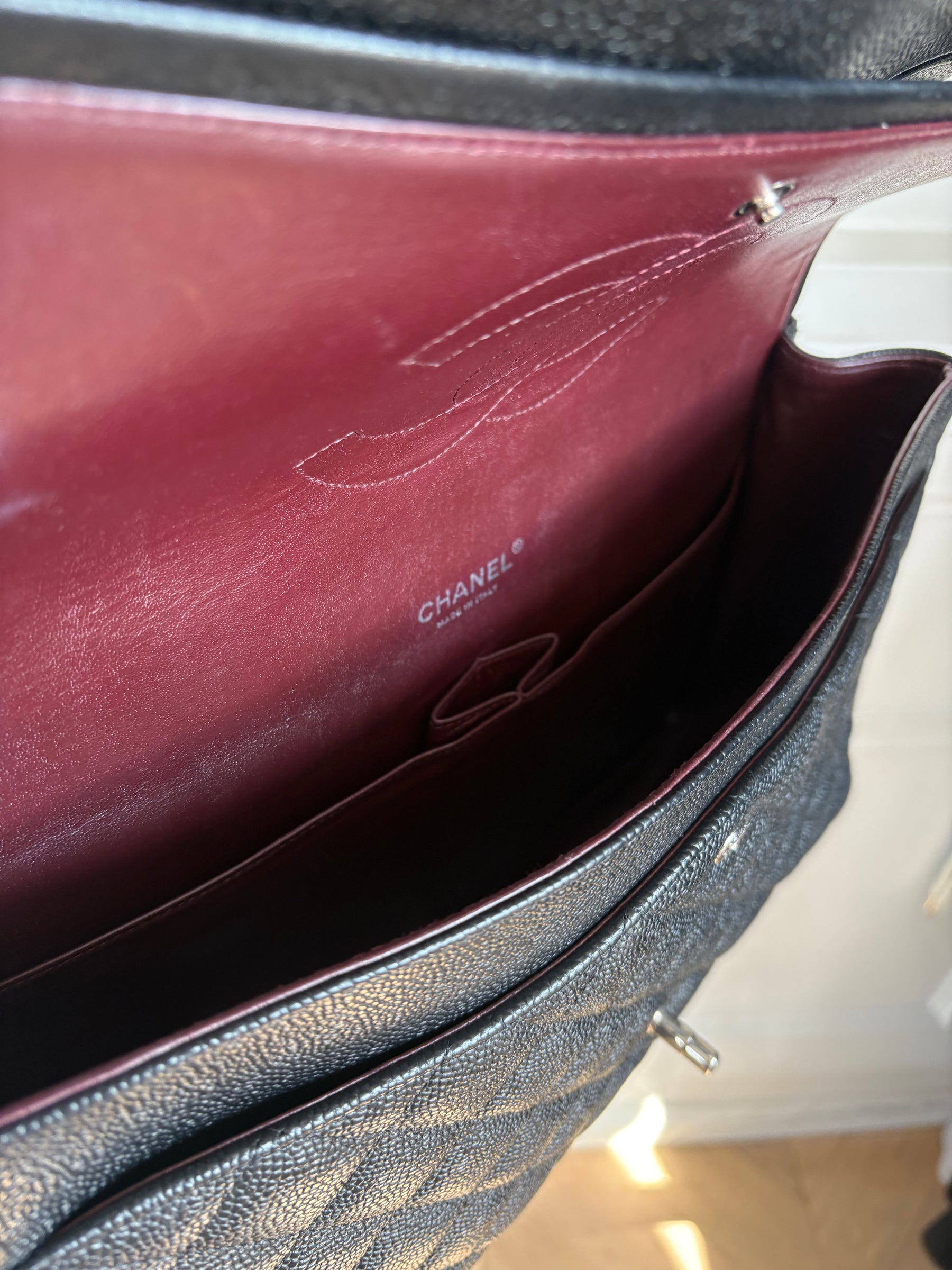 Chanel Caviar Leather Double Flap Maxi Bag Silver Hardware