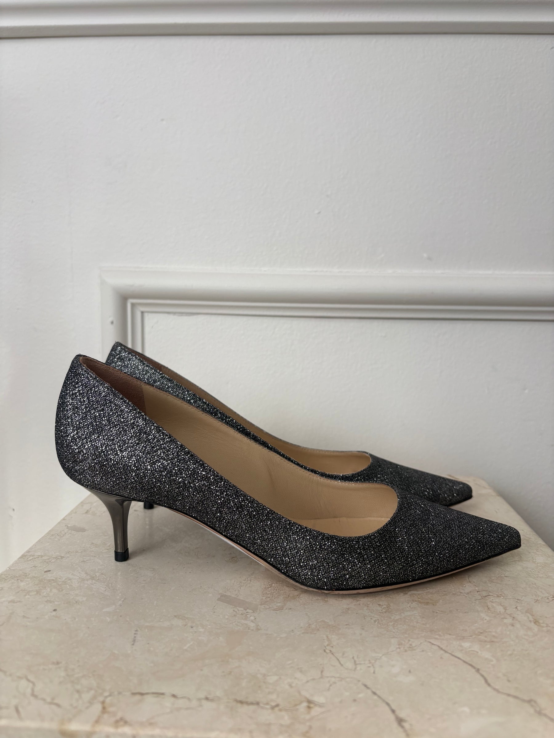 Jimmy Choo Anthracite Glitter Kitten Heels, 36