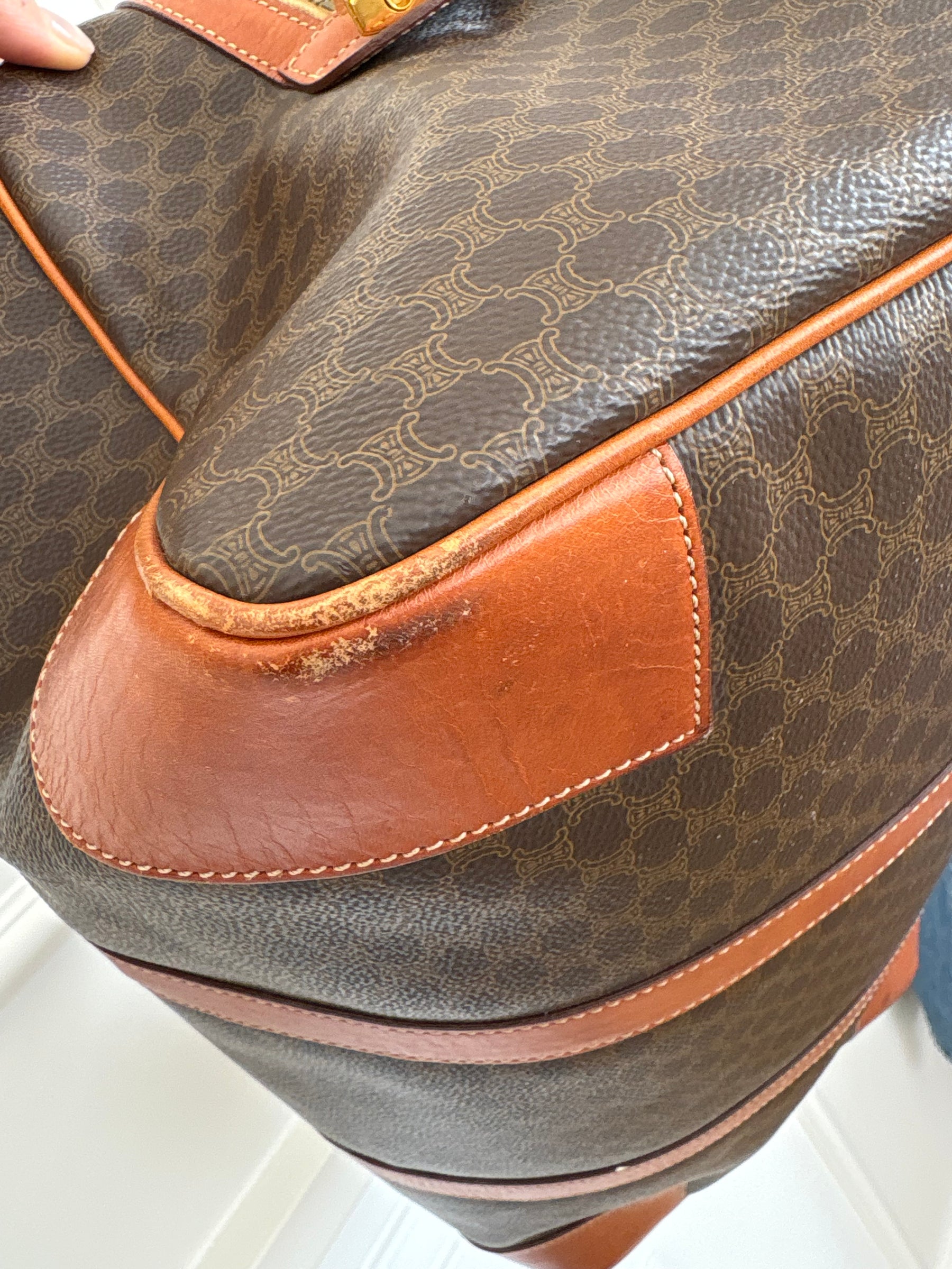 Celine Triomphe Canvas and Tan Leather Trim Duffle Bag