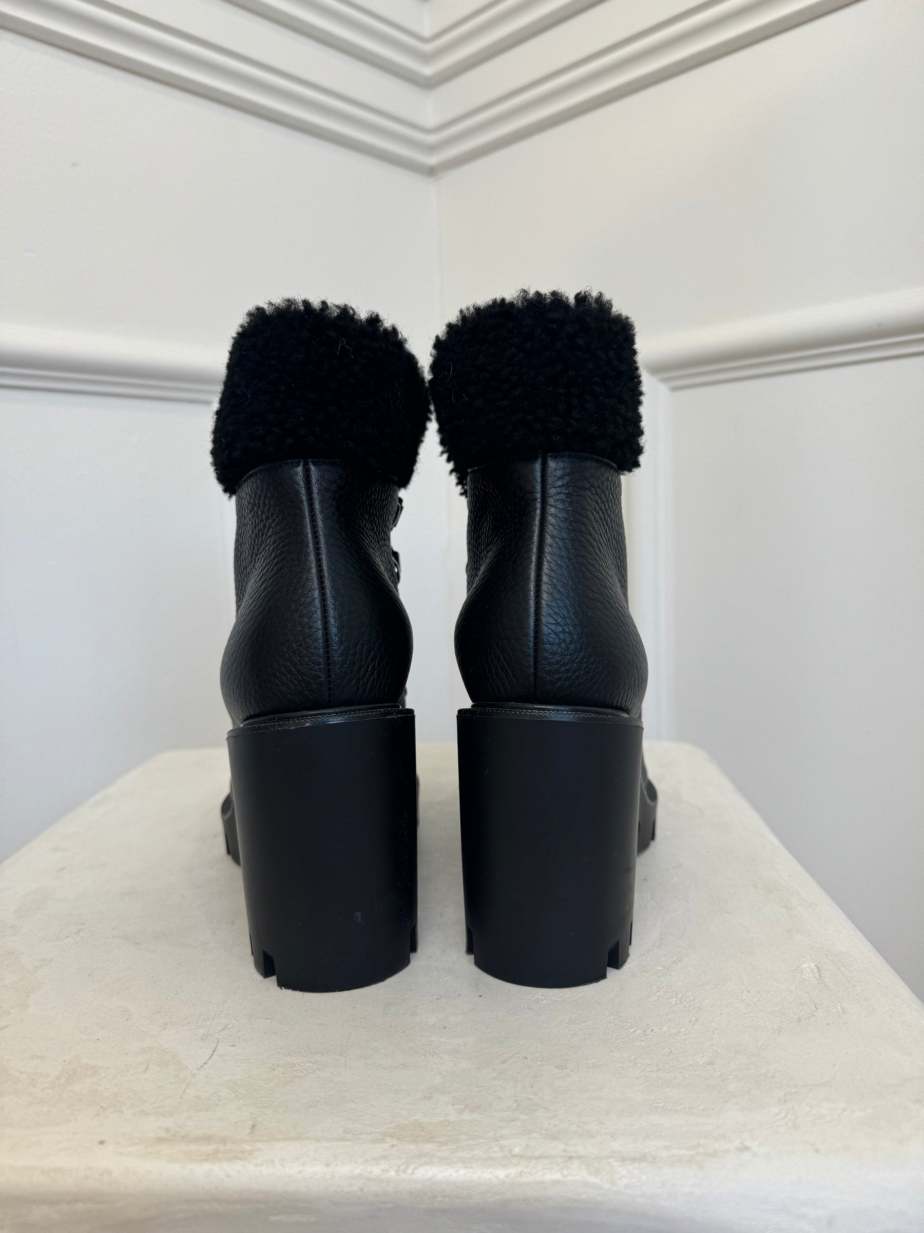 Christian Louboutin Black Leather and Shearling Heeled Ankle Boot, 38