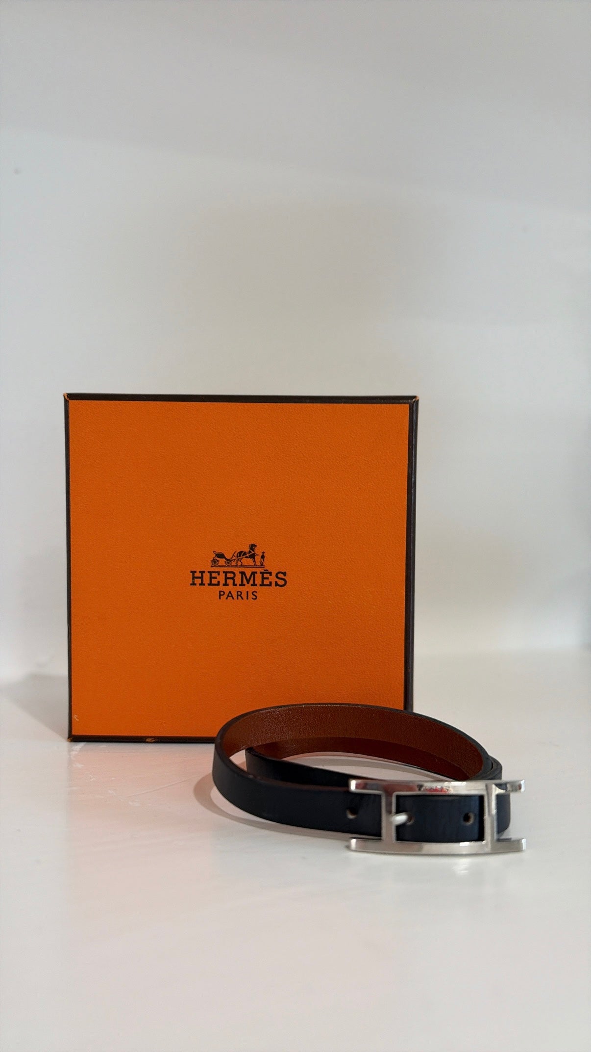Hermès Black Leather Behapi Double Tour Bracelt