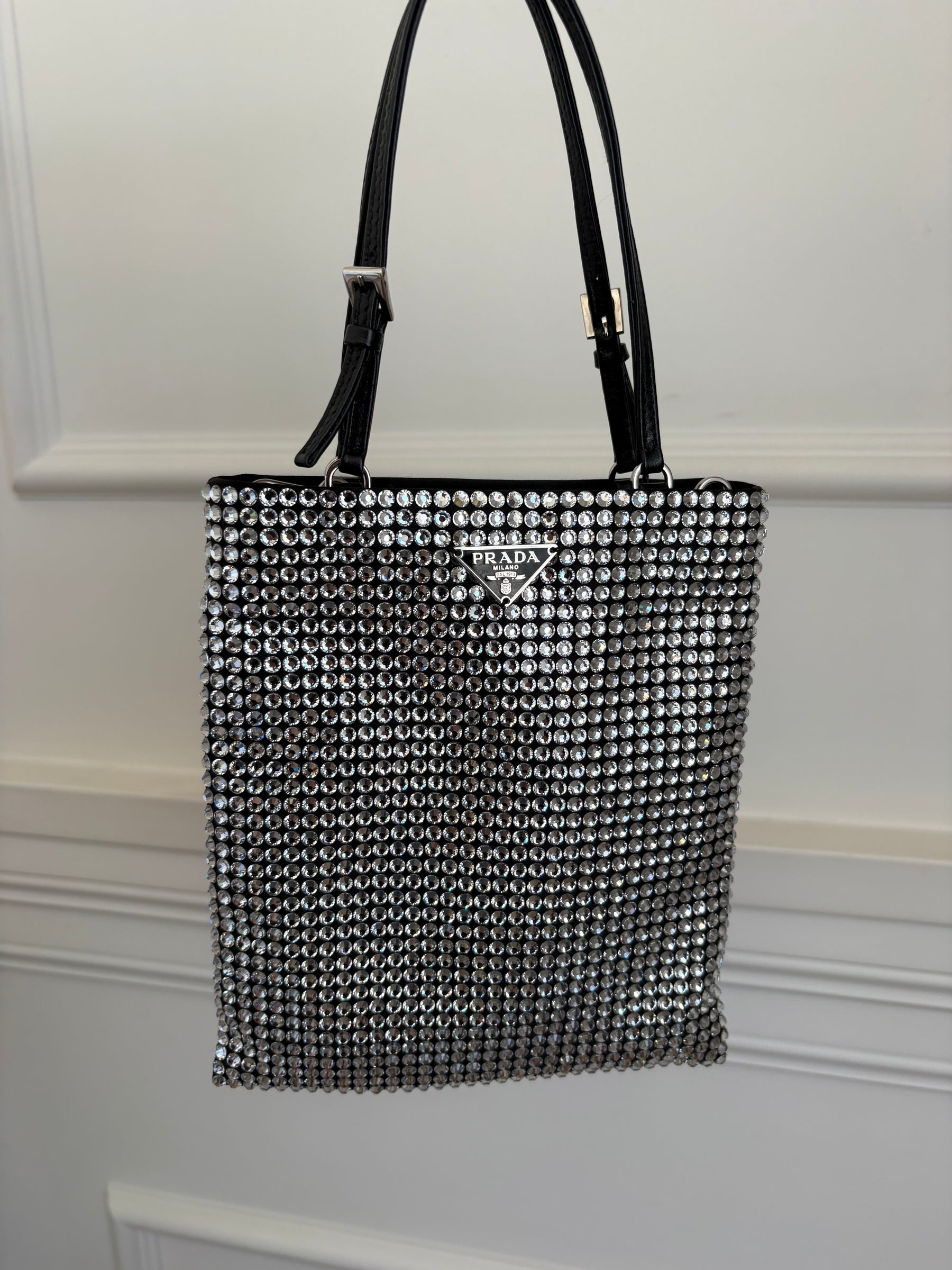 Prada Satin Crystal Embellished Flat Tote with Shoulder Chain