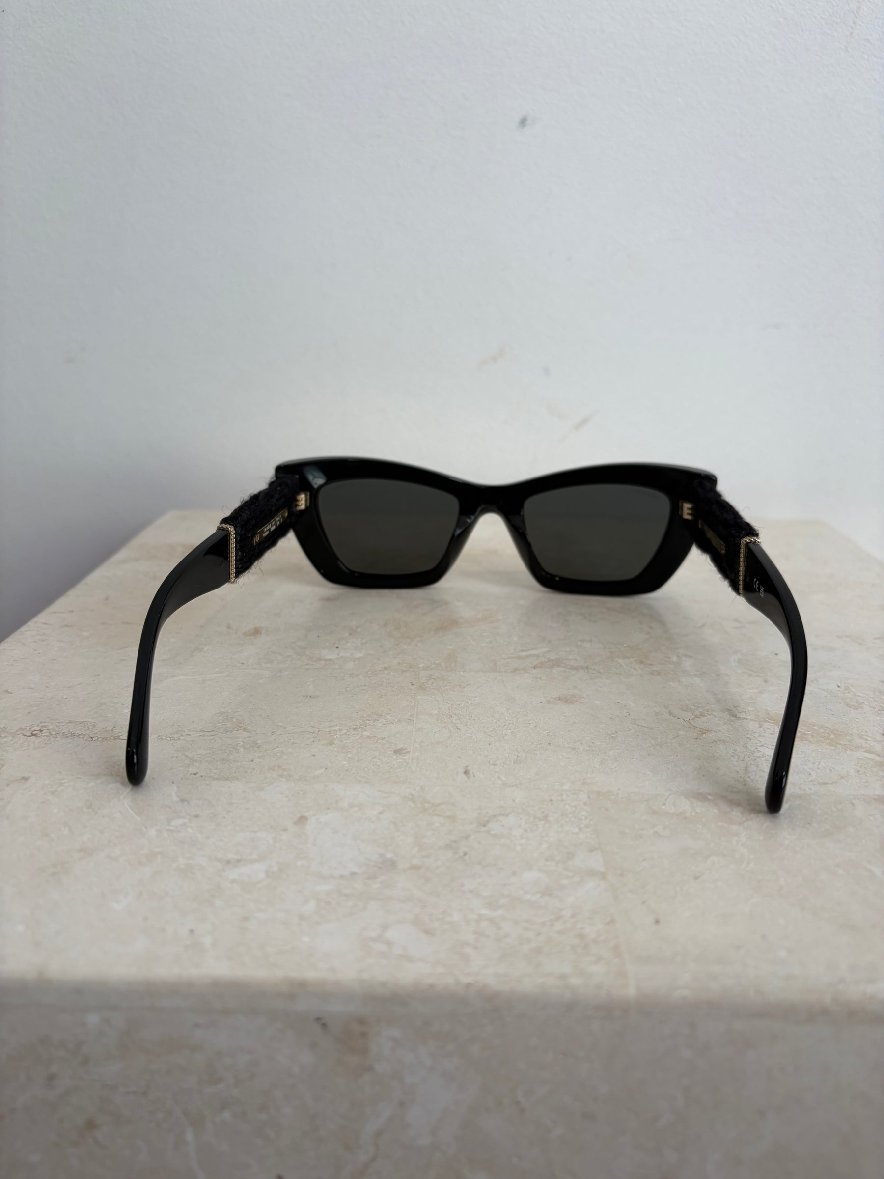 Chanel Black Cat Eye Tweed Logo Arm Sunglasses