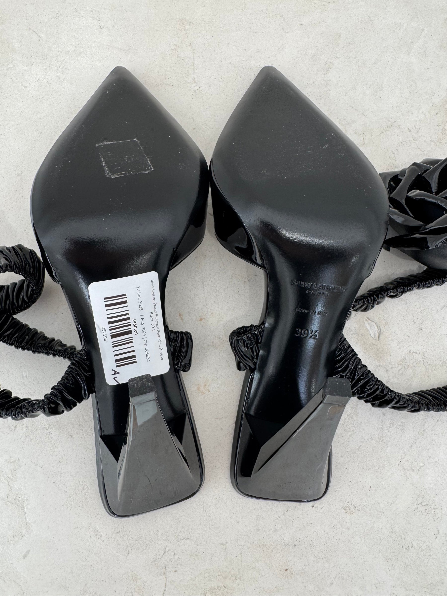 Saint Laurent Patent Slingback Pump With Rose In Black, 39.5