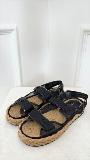 Chanel Black Patent And Raffia Dad Sandals, 39.5