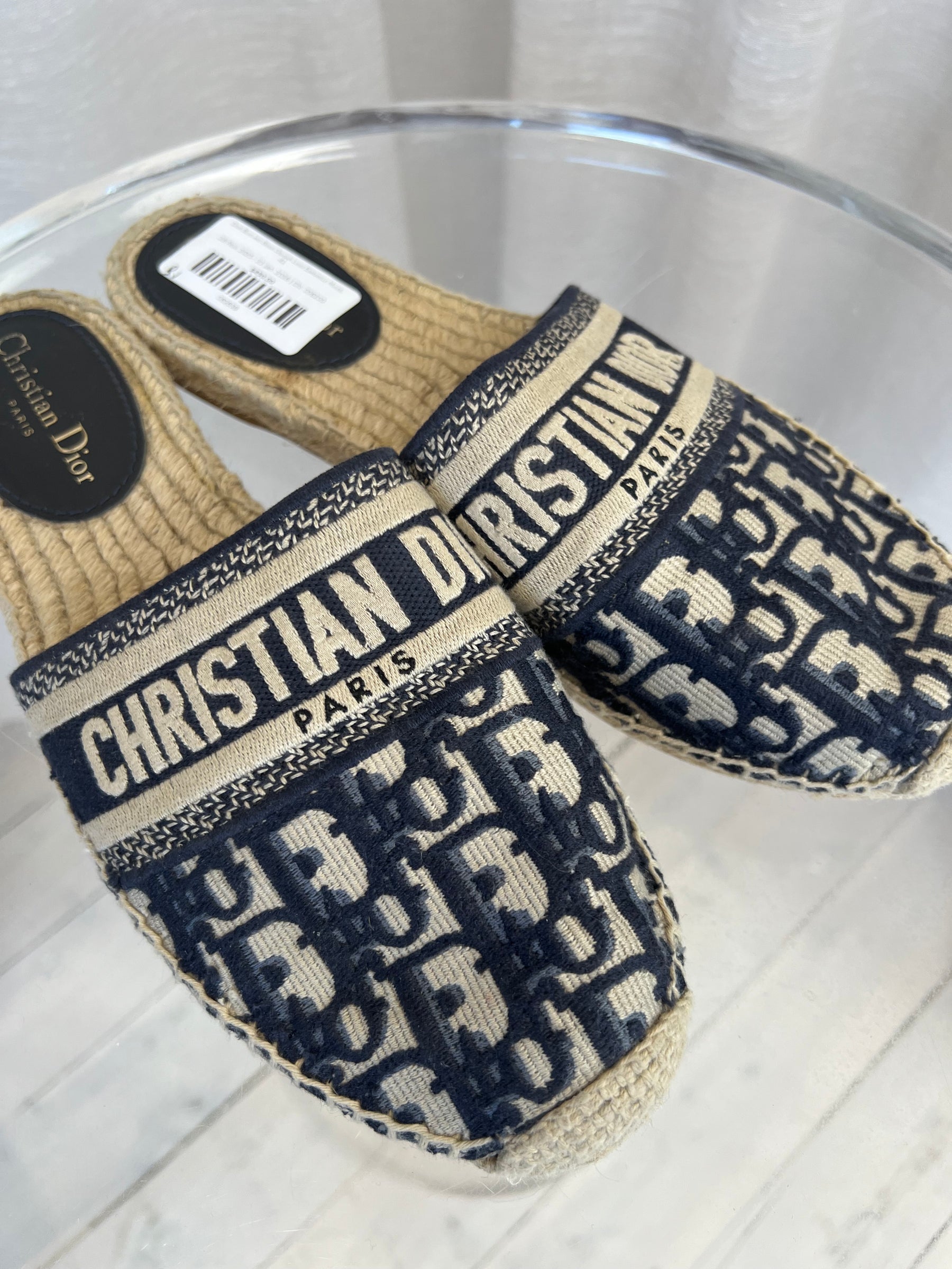 Dior Blue and Beige Oblique Logo Espadrille Mules, 41