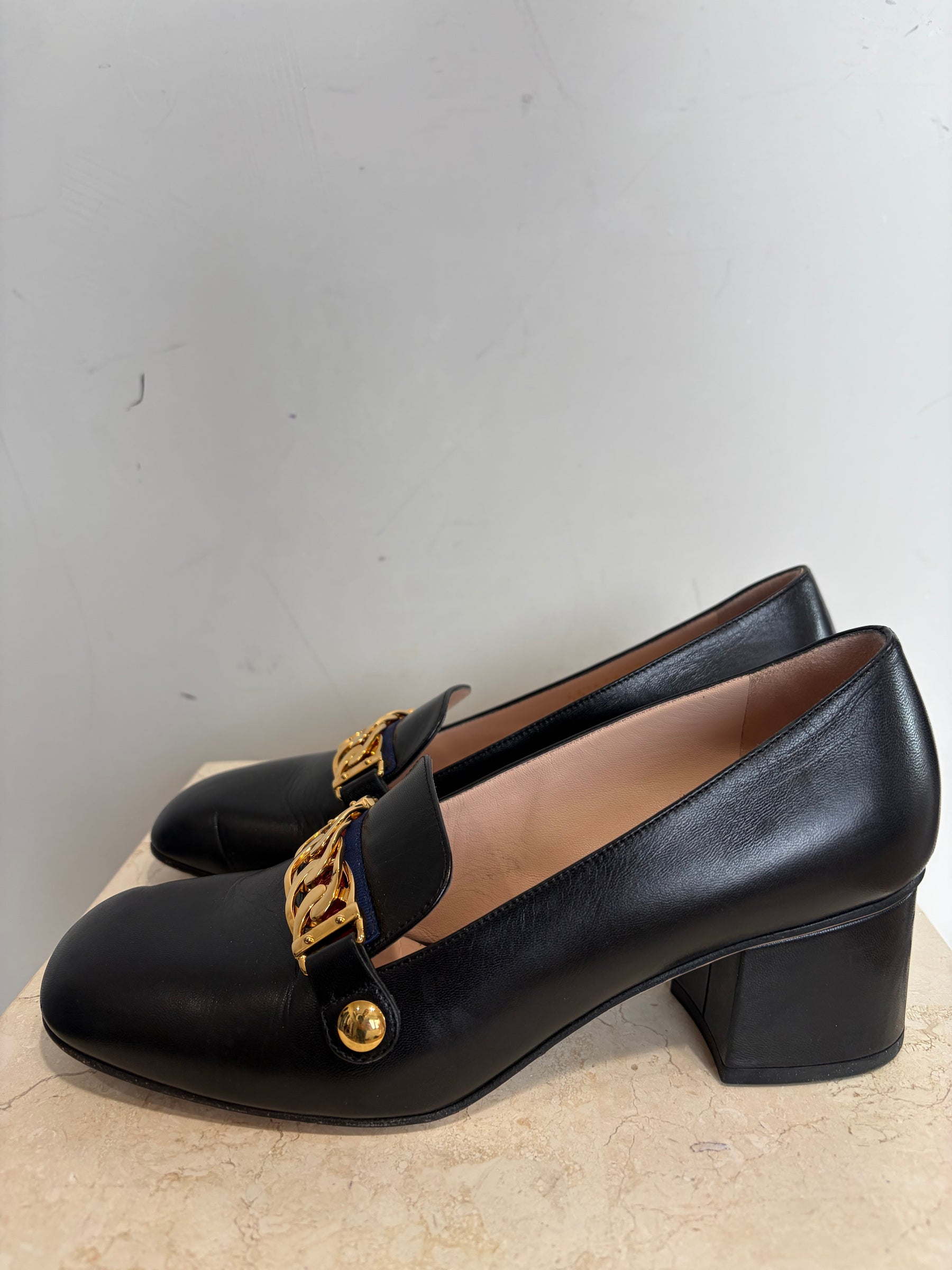 Gucci Black Leather Gold Chain Heeled Loafer, 38