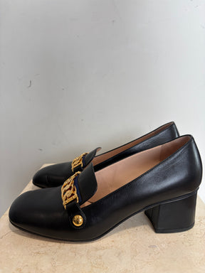 Gucci Black Leather Gold Chain Heeled Loafer, 38
