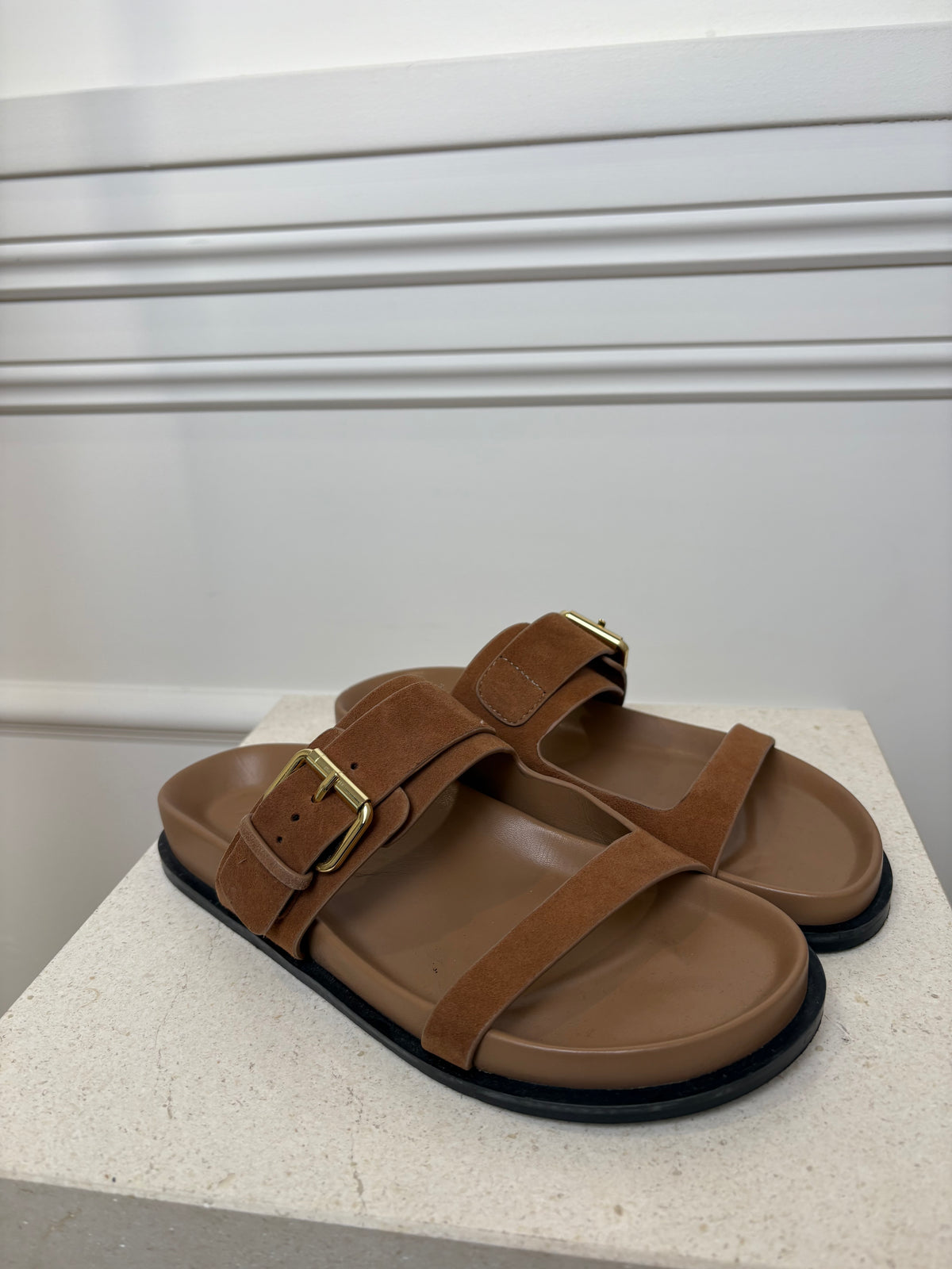 a.emery Tan Suede Slides, 37